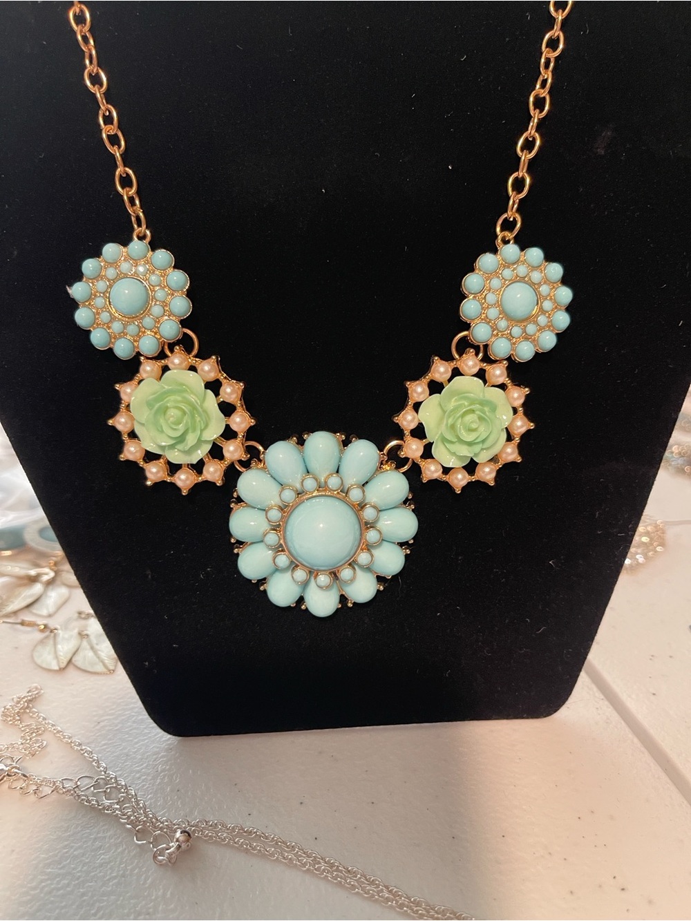 Statement Floral Bib Necklace in Mint and Light Green